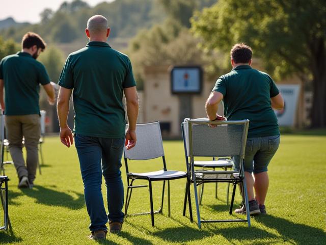 Personal de Hierba Recreo instalando carpas y áreas de juego